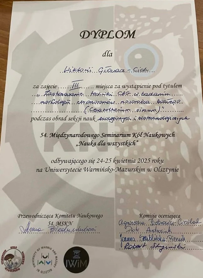 54. Międzynarodowego Seminarium Kół Naukowych w Olsztynie - dyplom