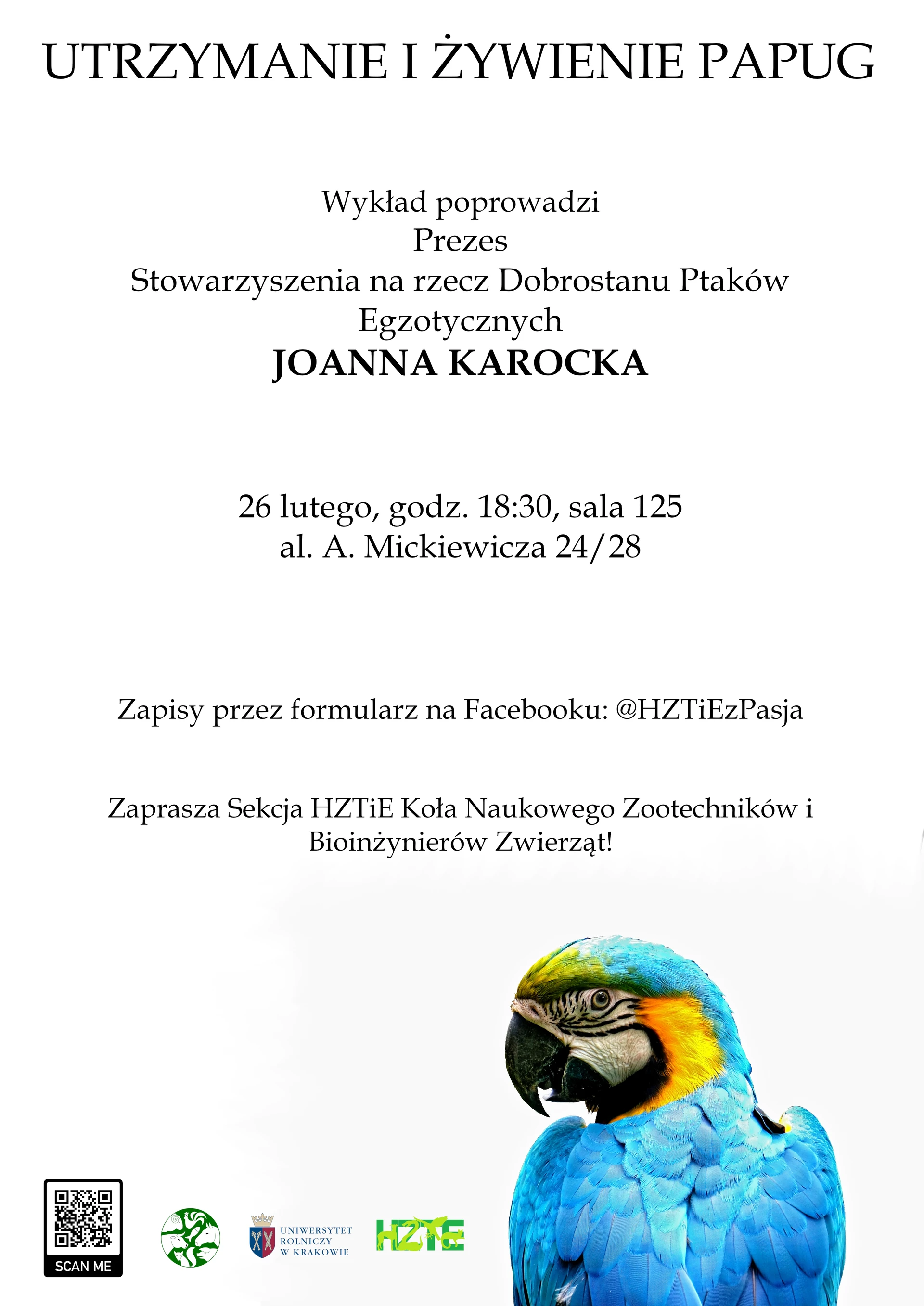 Plakat Wykład "Utrzymanie i Żywienie Papug" - @HZTiEzPasja