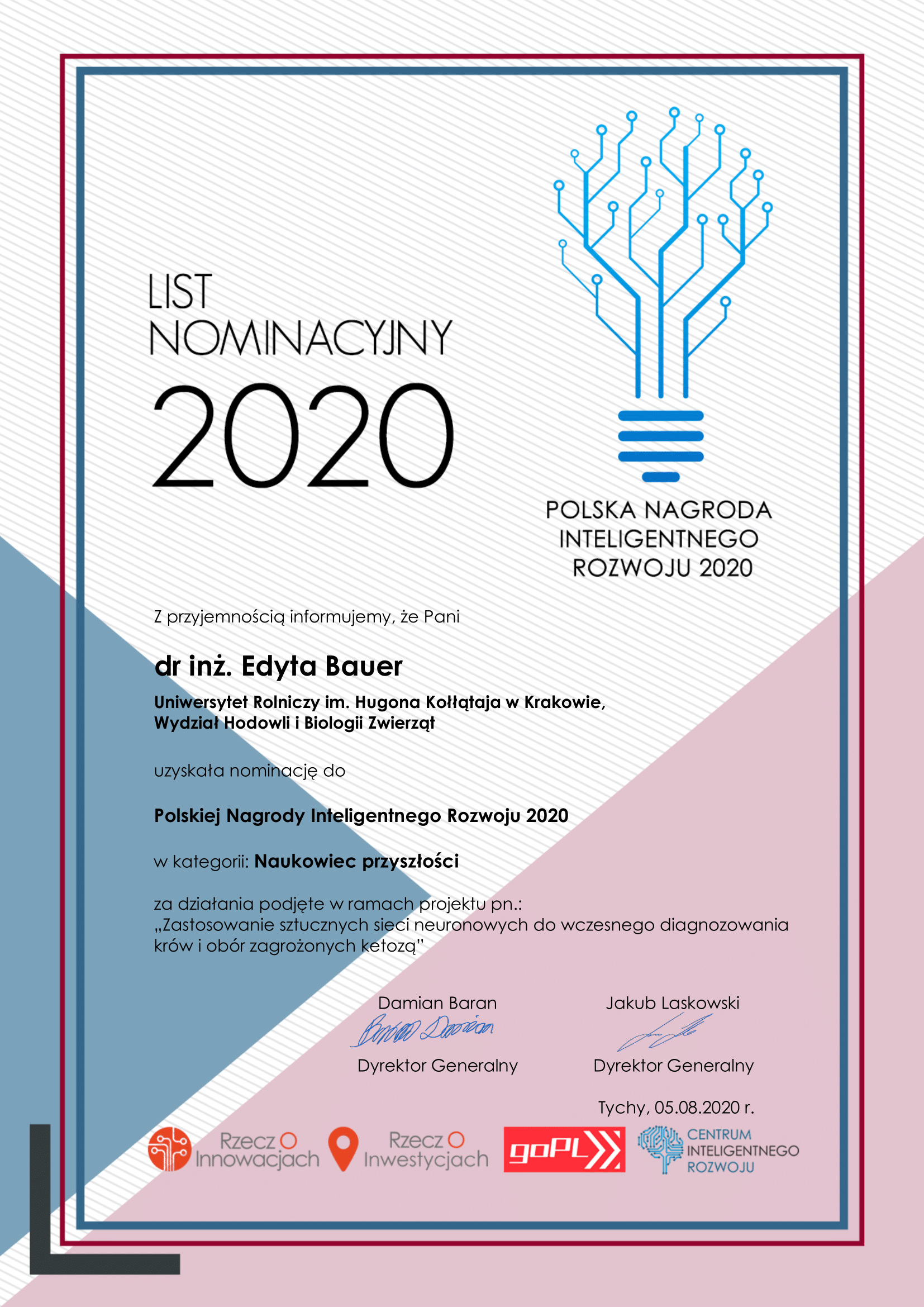 List Nominacyjny 2020- dr inż. Edyta Bauer - Polska Nagroda Inteligentnego Rozwoju 2020