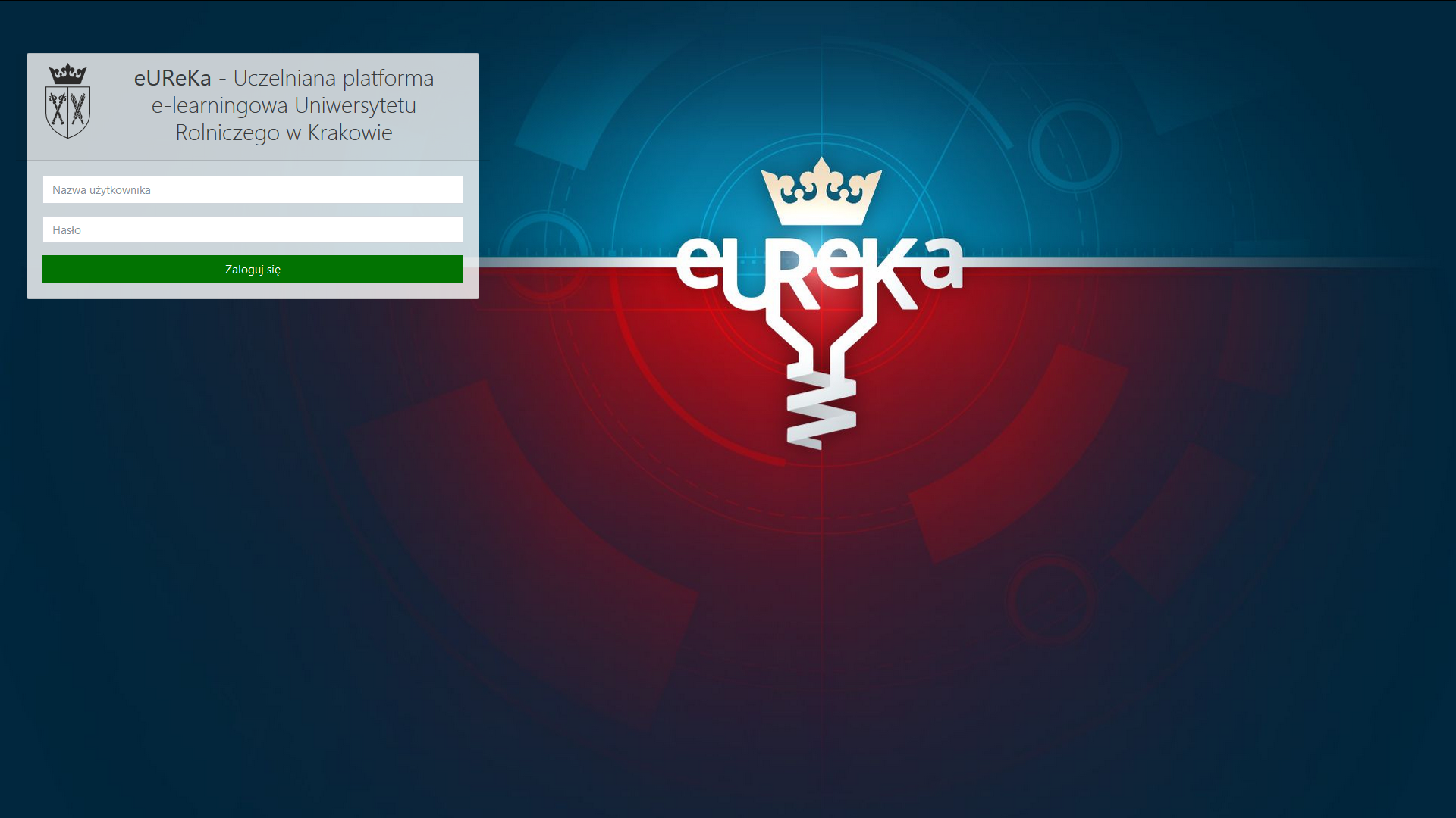 Wygląd strony głównej systemu e-learningowego Uniwersytetu Rolniczego w Krakowie - eUReKa